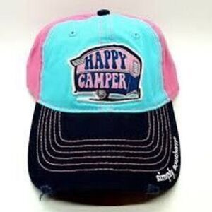 Simply Southern Happy Camper Embroidered Pink Teal Baseball Hat Cap Distressed